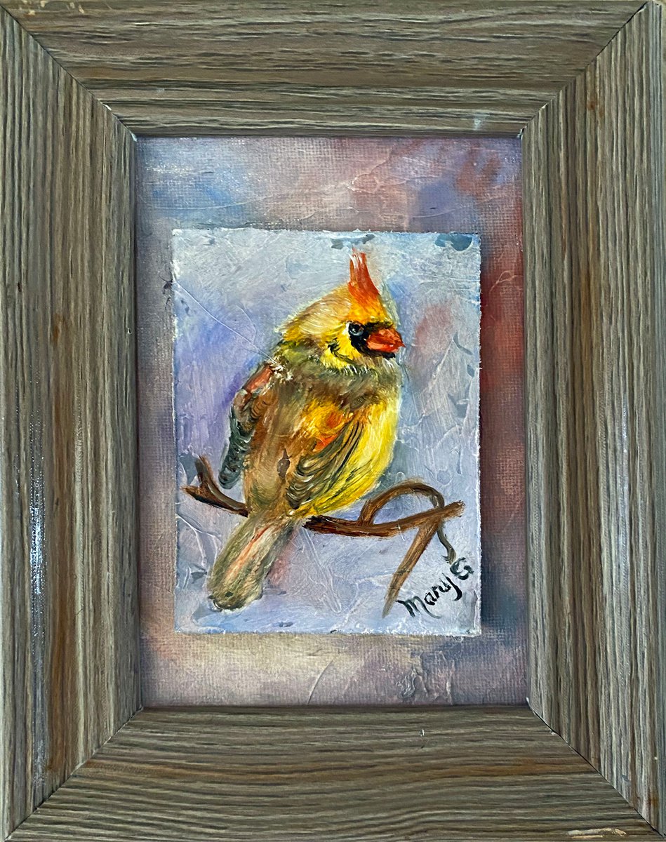 Female Cardinal Original Oil Painting Driftwood frame 4x6 by Mary Gullette