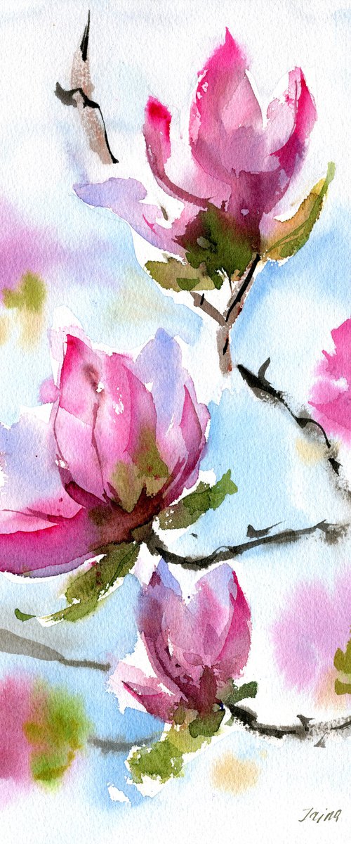 Magnolia flowers original watercolor painting, floral artwork, pink and green impressionistic wall art, bedroom decor, gift for her by Irina Povaliaeva