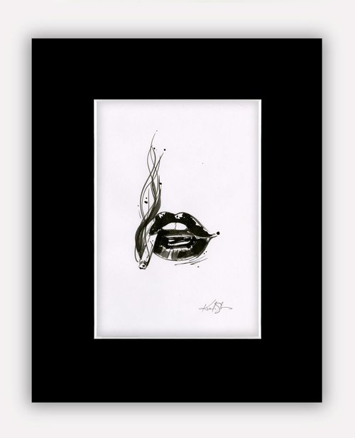 Sexy Lips 14 - Lips With Cigarette,Original Minimalist Ink Illustration by Kathy Morton Stanion by Kathy Morton Stanion
