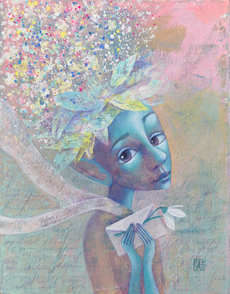 Naive Portrait Painting By Olya Anima, 11 X 14", Spring News, Original Artwork