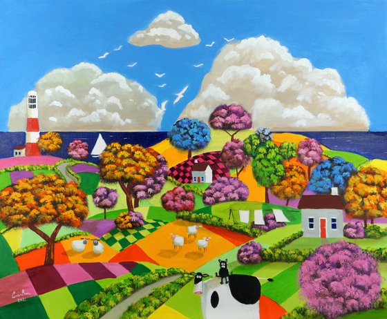 Cow, cat and sheep naive art painting