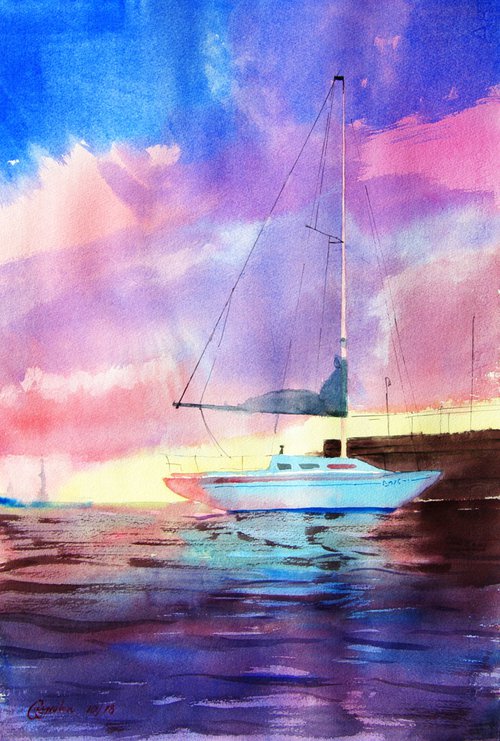 Sunset sailboat by Elena Gaivoronskaia