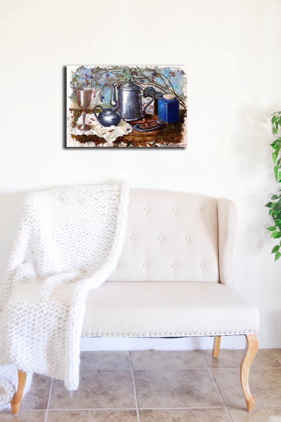 Blue Jar and Silver Service