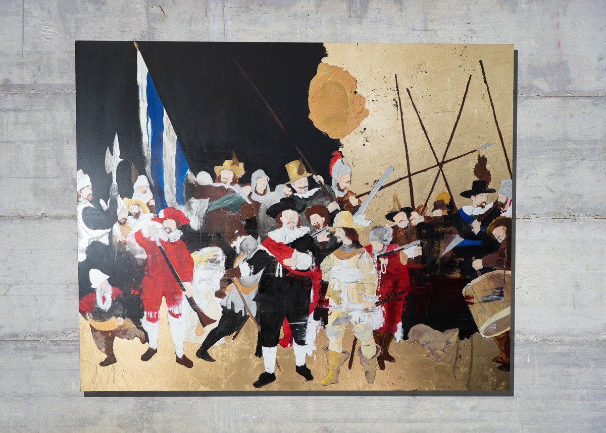 Abstract Portrait Oil Painting By Tomoya Nakano, 66 X 53", Night Watch After Rembrandt, Original Artwork