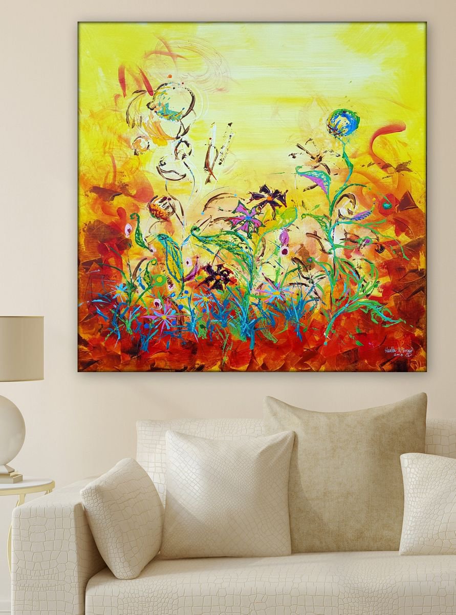 Organic Botanical Acrylic Painting By Heather W. Ernst, 36 X 36, Freeship2Us Fleur De Lumiere, Original Artwork