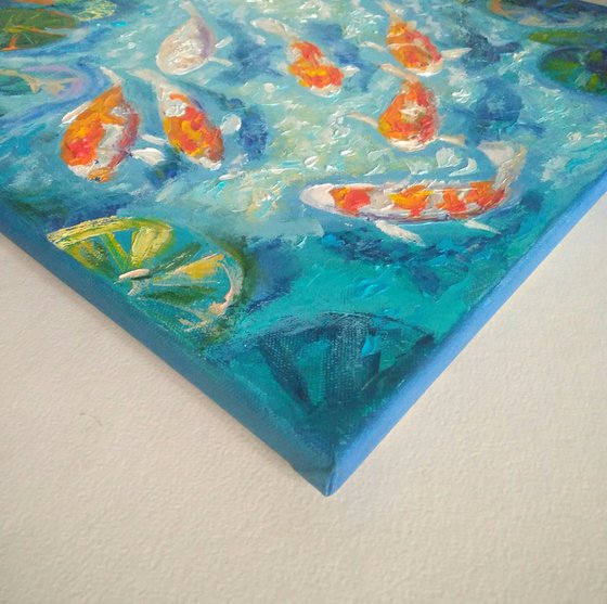 Nine koi carp in the pond, 50x50 cm, ready to hang.