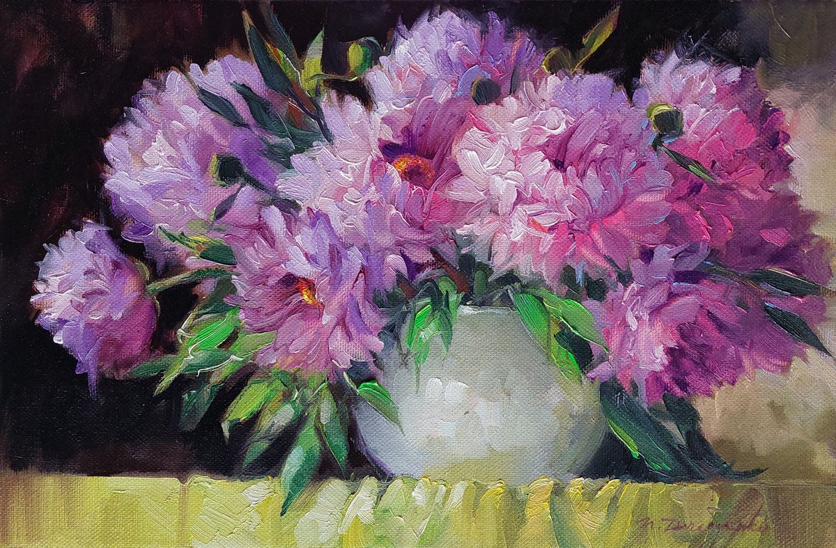Purple peony flowers painting canvas art 8x12 inches, Purple flowers in white vase oil pai... by Nataly Derevyanko