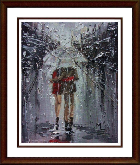 " WALKING IN THE RAIN IV " original painting CITY palette knife
