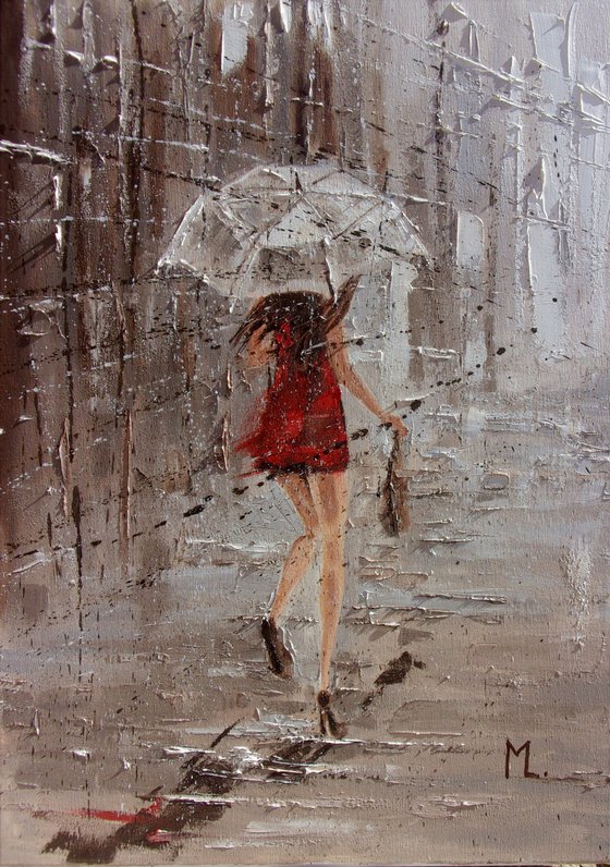 " RAINY STREET ... "   street spring summer original painting CITY palette knife GIFT