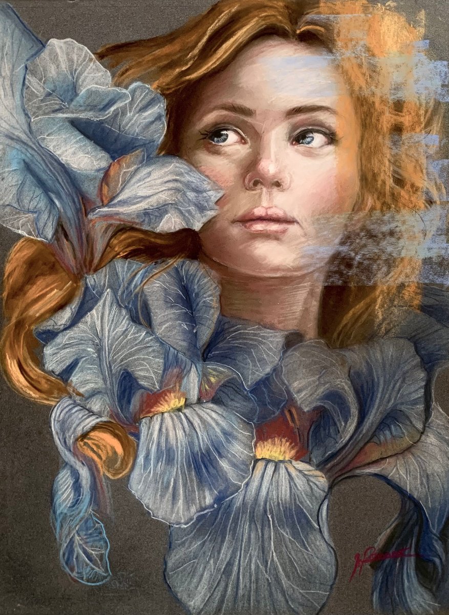 Expressive Portrait Pastel Drawing By Maria Romano, 12 X 16", Iris, Original Artwork