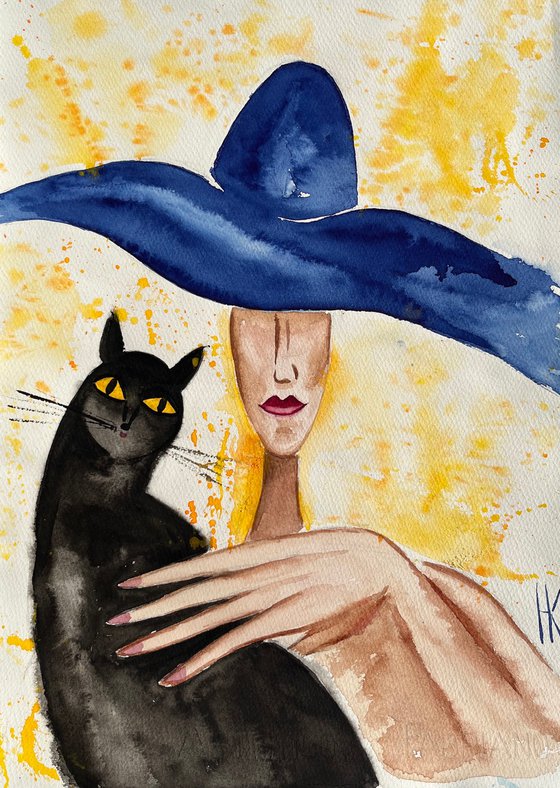 Black Cat Painting Woman Original Art Faceless Portrait Watercolor Blue Hat Artwork Home Wall Art 11 by 15 by Halyna Kirichenko