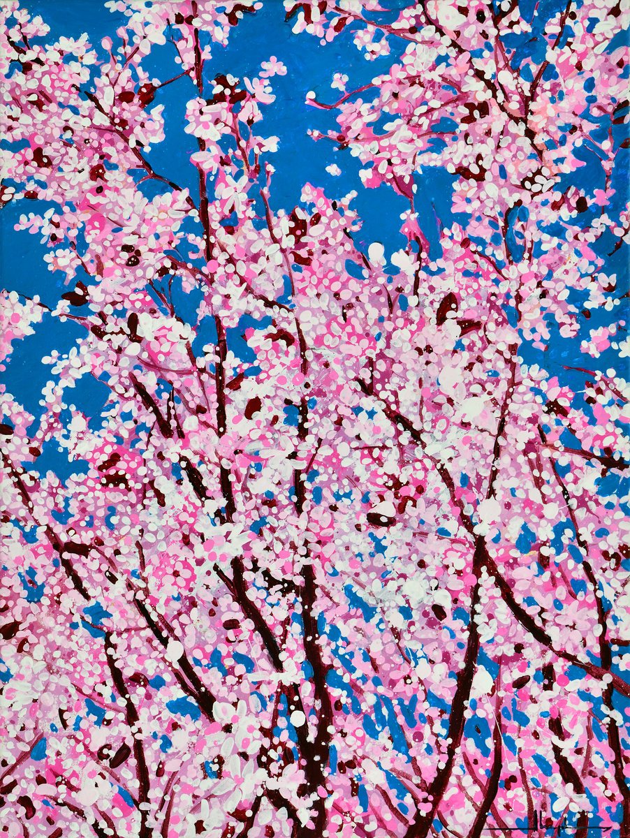 Urban And Pop Botanical Acrylic Painting By Alex Nizovsky, 18 X 24, Cherry Blossom #4, Original Artwork