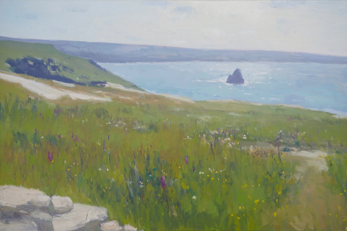 Impressionistic Landscape Oil Painting By Alex James Long, 30 X 20, Summer Day, Tintagel, Cornwall, Original Artwork