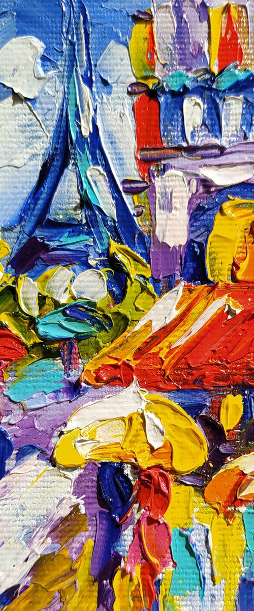 With love from France - small painting, cityscape, postcard, Eiffel Tower, city, gift idea, gift, oil painting, France, Eiffel Tower oil painting by Anastasia Kozorez