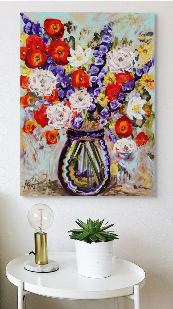 Poppies in a Deep Blue Vase