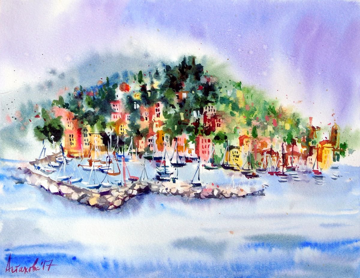 Impressionistic Landscape Watercolour By Ksenia Astakhova, 16 X 13", Bay Of Rapallo, Original Artwork