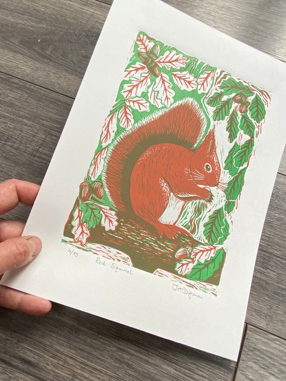 Limited edition handmade linocut. Red Squirrel 4/95