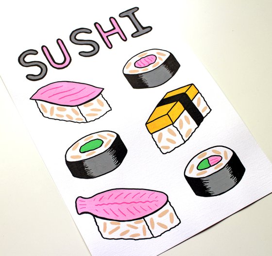 Sushi Illustrated Typographic Poster on Unframed A4 Paper