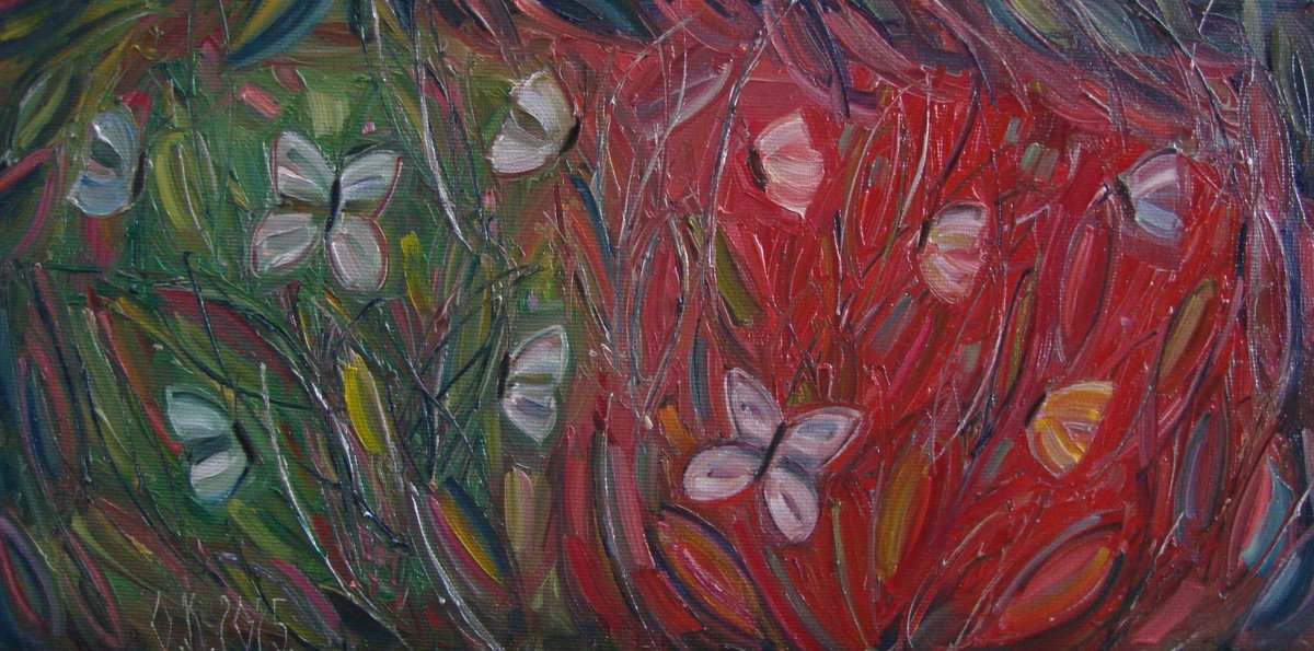 Abstract Oil Painting By Olga Knezevic, 16 X 8", Cheerful Autumn Day, Original Artwork