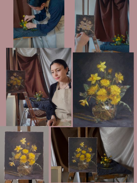 Still life with daffodils and dandelions