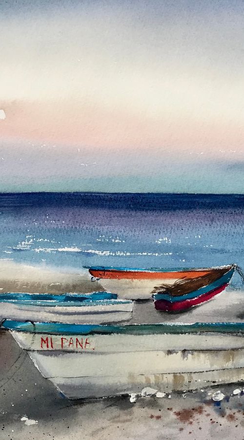Dominican boats at sunset by Eugenia Gorbacheva