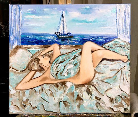 Nude. Dreaming girl, seaside.