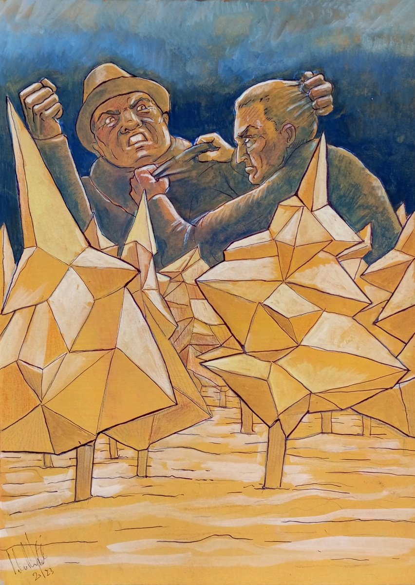 Illustrative Landscape Drawing By Paolo Beneforti, 10 X 14", Giants Fighting, Original Artwork