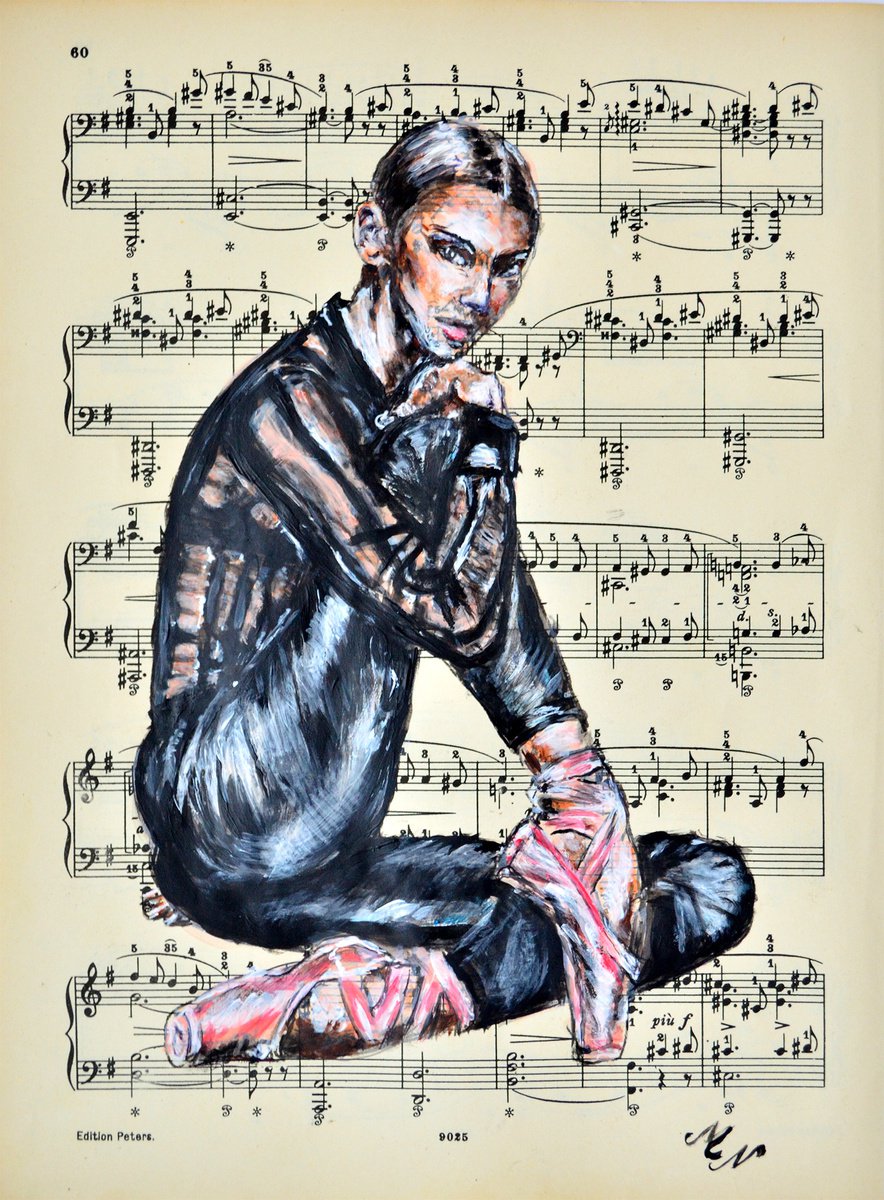 Expressive Portrait Collage By Misty Lady - M. Nierobisz, 8 X 12", Ballerina Xxx- Music Page, Original Artwork