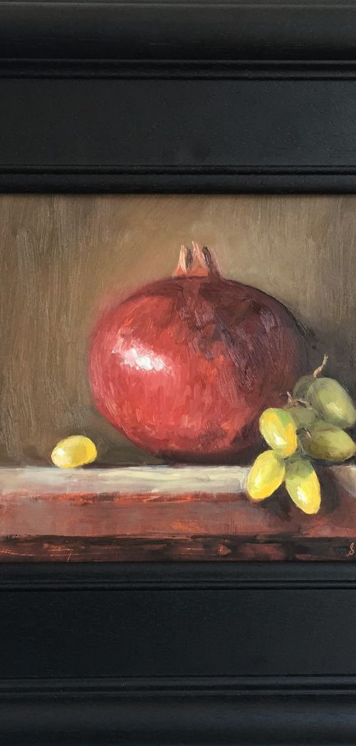 Pomegranate & Green Grapes; Classical still life oil painting. by Jackie Smith