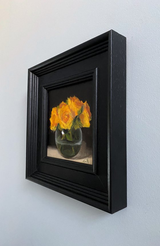 Yellow Roses Still Life original oil realism painting, with wooden frame.