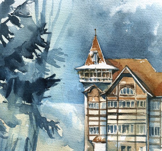 "Old castle in the forest" architectural artwork in watercolor