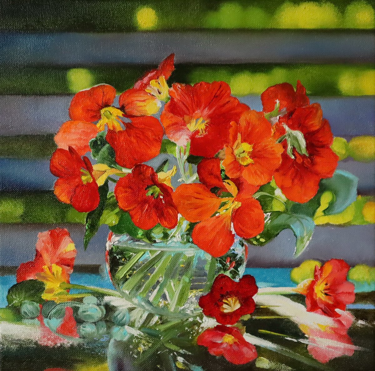 Photorealistic Oil Painting , Nasturtiums In Sunlight By Natalia Shaykina, 12 X 12, Artwork For Sale On Artfinder