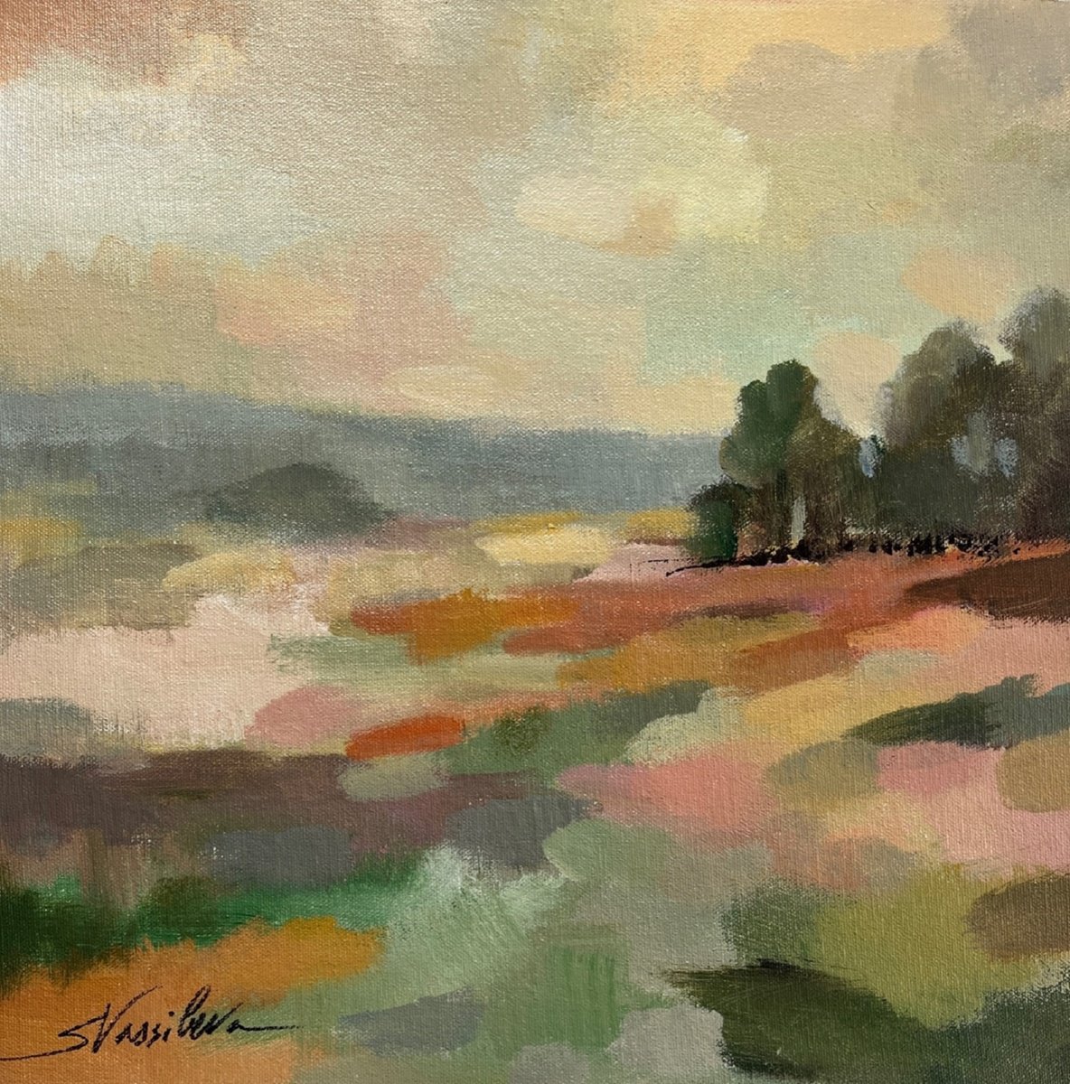 Impressionistic Landscape Acrylic Painting By Silvia Vassileva, 15 X 15", Early September Ii, Original Artwork