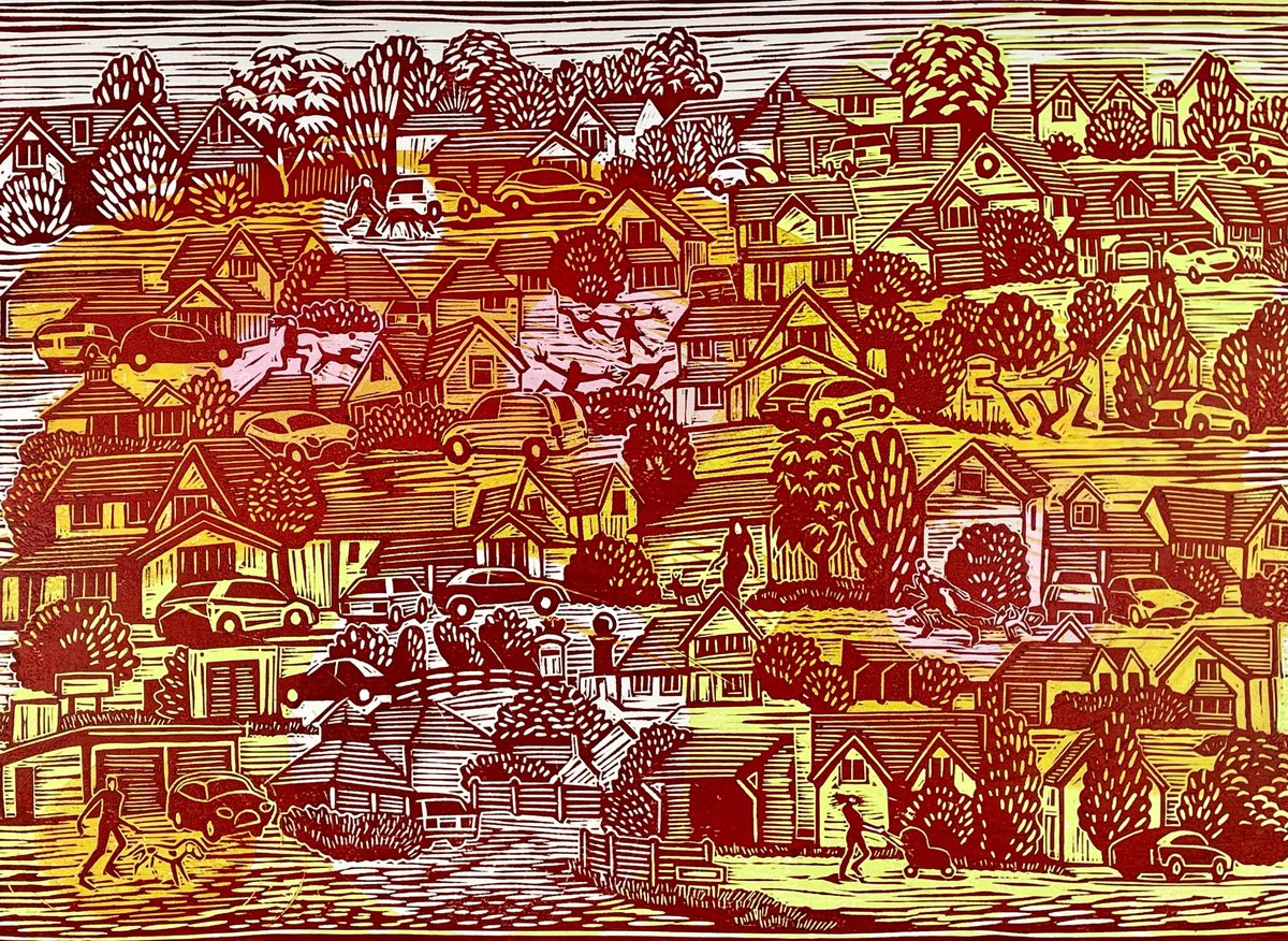 Graphic Cityscapes Linocut By Mark Howard Jones, 20 X 14", Evening Walk, Original Artwork