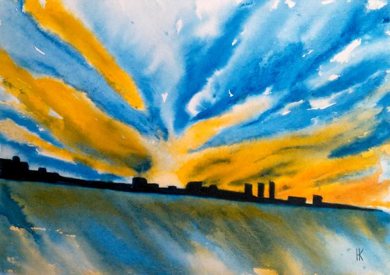 Skyscape Painting Ukraine Original Art City Watercolor Landscape Artwork Home Wall Art 17 by 12 by Halyna Kirichenko