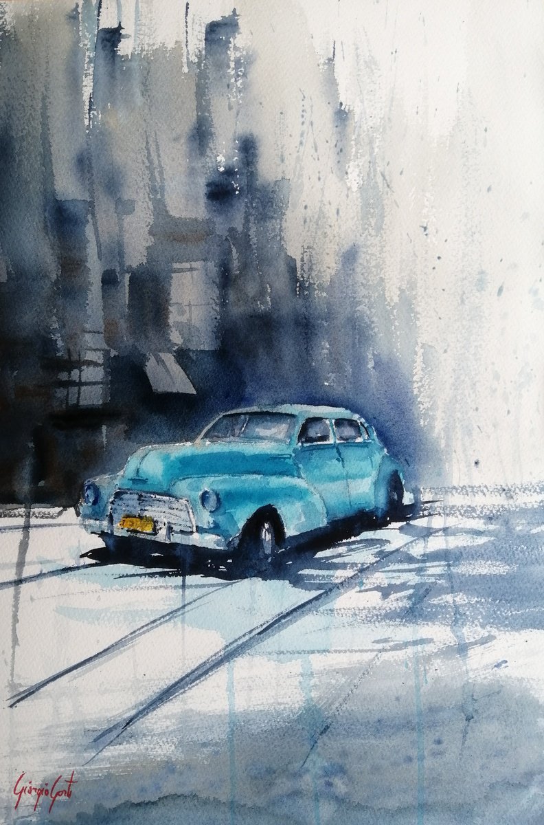 Expressive Cityscapes Watercolour By Giorgio Gosti, 14 X 21, Old Car 4, Original Artwork