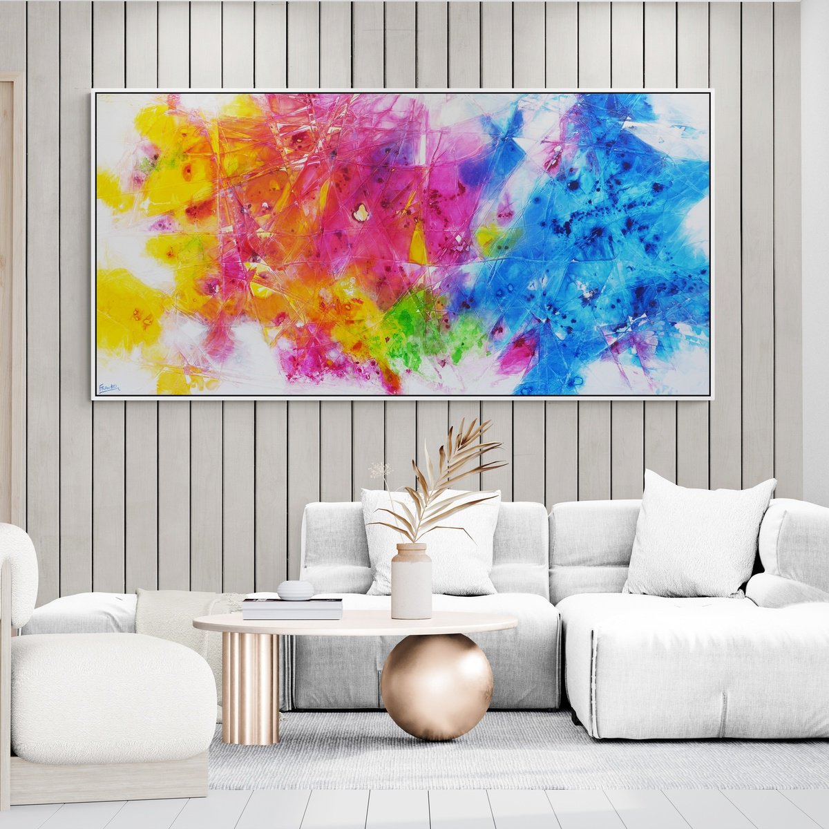 Abstract Botanical Acrylic Painting By Franko, 94 X 39, Colour Diffusion, Original Artwork