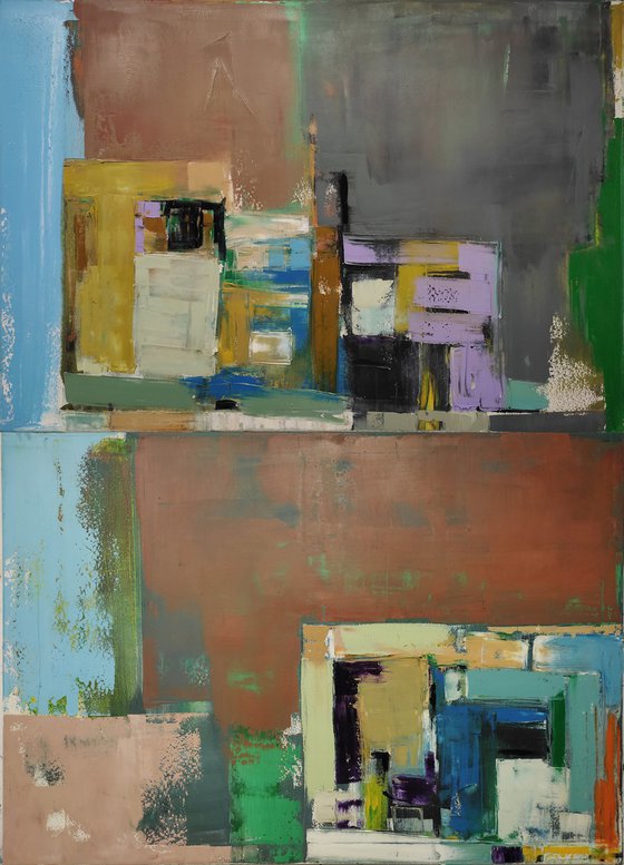 Oil painting, canvas art, stretched, diptych "Layer city 46"". Size 2x (39.4 x 27.5 inches), 2x (70/100 cm).