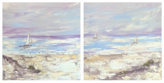 MARINE HISTORY - Bright diptych. Ocean. Sailboat. Bay. Coast. Sand. Clouds.