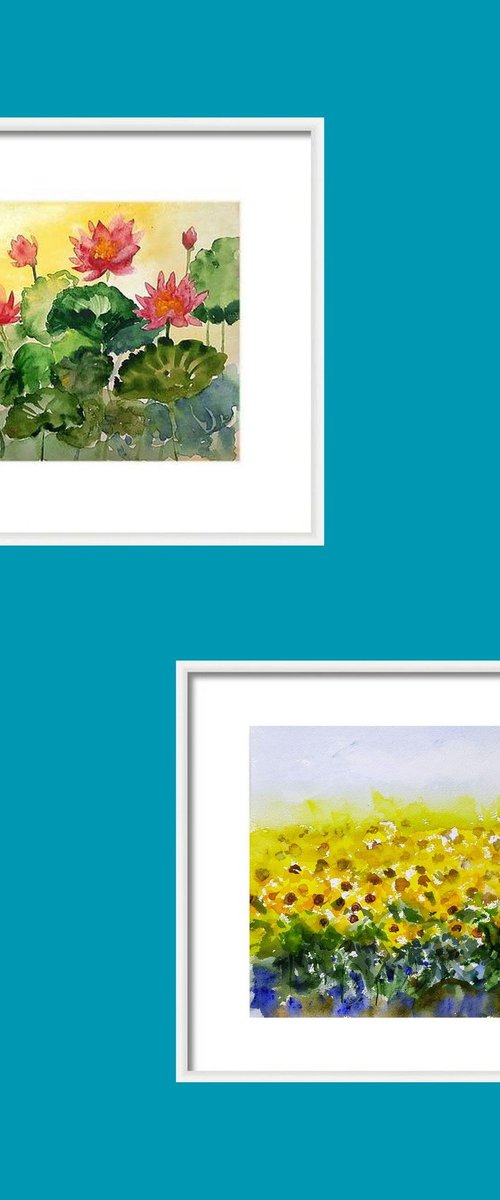 Set of water lilies and sunflower fields by Asha Shenoy