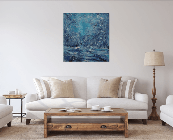 RELICT FOREST IN SAMUR. WINTER RHAPSODY - Landscape, original oil painting, winter, snow, forest, wood, plant, tree, blue, white, Christmas gift 95x90