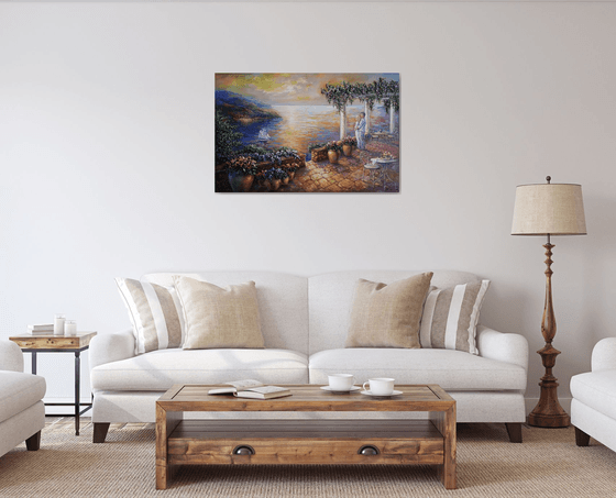 Romantic evening, Amalfi Coast, large romantic painting original oil