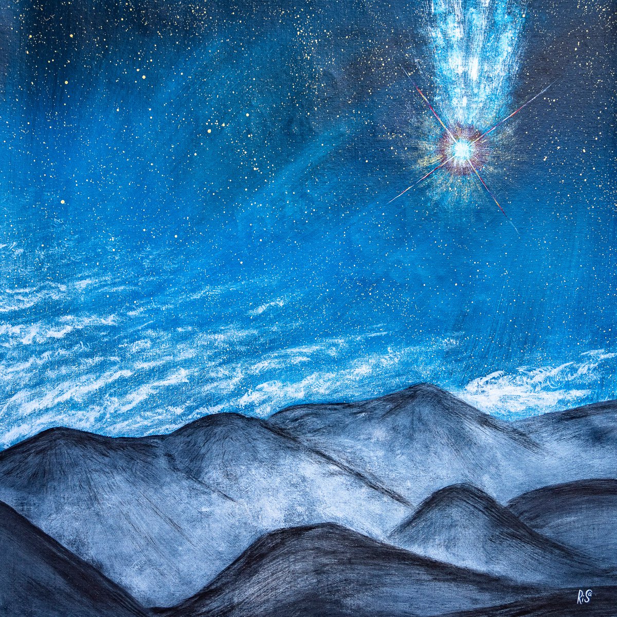 SHOOTING STAR - mountain landscape, Japanese painting, Sumi-e by Rimma Savina