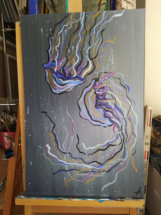 Dance in the ocean - acrylic painting, jellyfish, jellyfish painting, oil painting, animals, life of jellyfish, sea, ocean