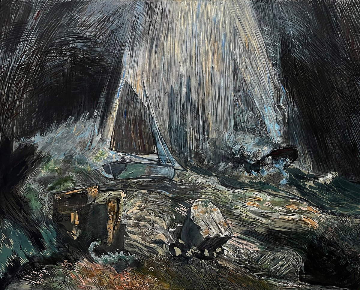 Expressive Landscape Acrylic Painting By Frank Creber, 79 X 63, Sailing In Fog, Original Artwork