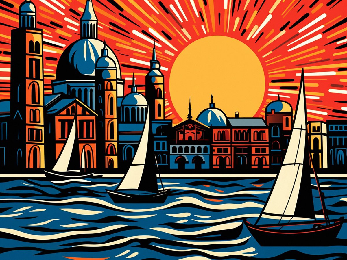 Urban And Pop Acrylic Painting , Sailing Past Venice By Kosta Morr, 31 X 24, Artwork For Sale On Artfinder