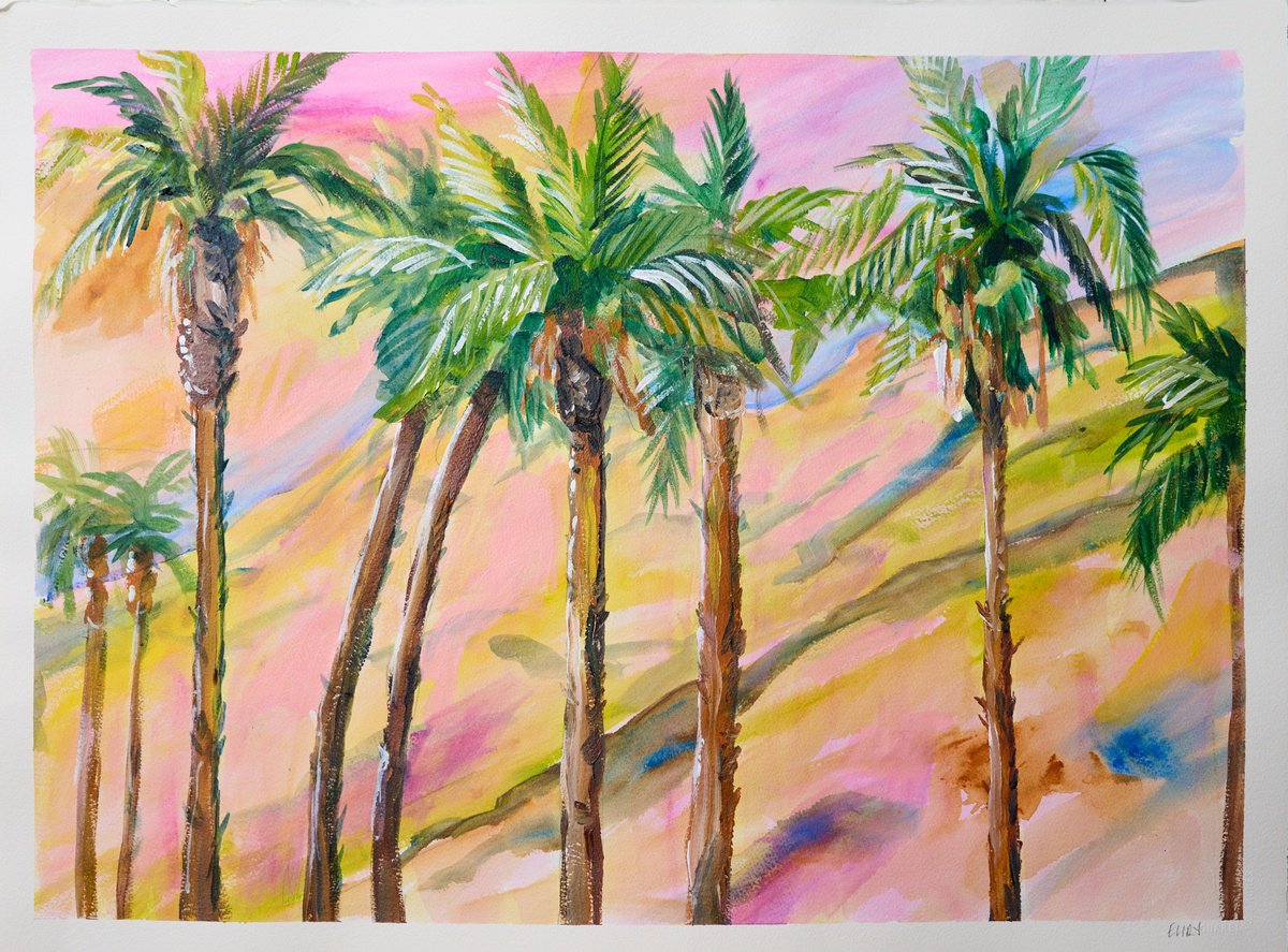 Expressive Landscape Acrylic Painting By Eliry Arts, 28 X 20, Golden Hour Palms, Original Artwork