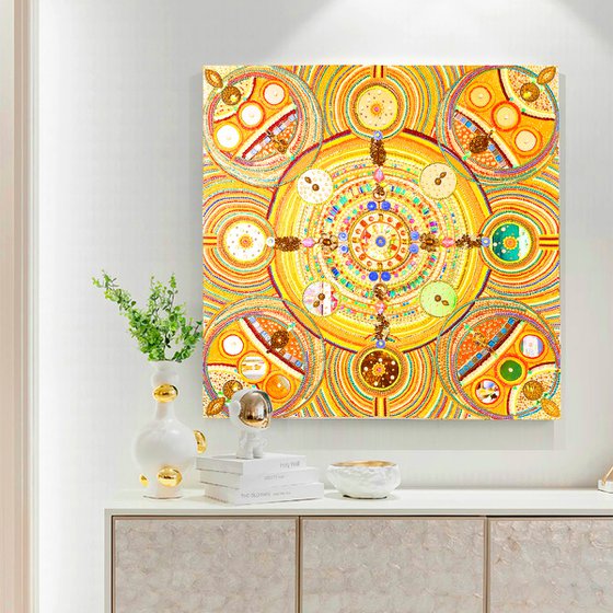 SUN - Golden abstract wall sculpture, decorative painting of rhinestones, mirrors, crystals