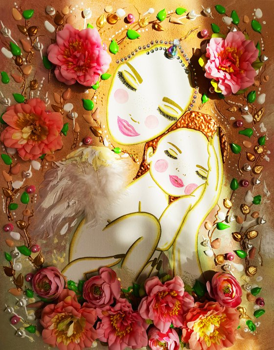 Love Mother Earth and baby angel. Summer floral woman with pink flowers
