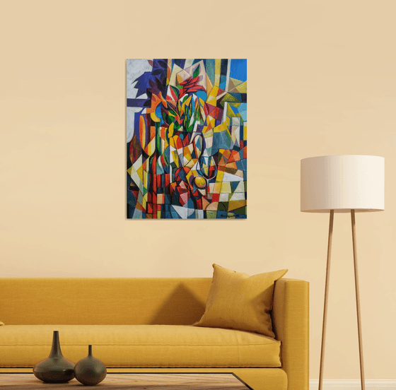 Still life with roses (60x80cm, cubism, oil painting, ready to hang)